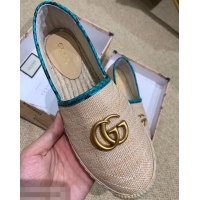 Top Grade Gucci Chevron Raffia Espadrilles With Double G 577374/578547 Nude/Turquoise 2019