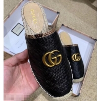 Durable Faux Gucci Chevron Raffia Espadrilles Slippers With Double G 952007 Black 2019