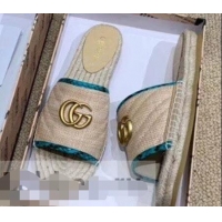 Chic Gucci Chevron Raffia Espadrilles Slides Sandals With Double G 578554 Nude/Turquoise 2019