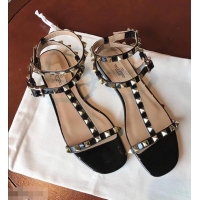 Popular Style VALENTINO ROCKSTUD FLAT SANDALS VA8401 BLACK ​SUMMER 2019