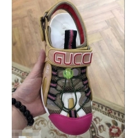 New Fashion Gucci Leather and Mesh Reflective Fabric Sandals 95726 Beige/Fuchsia