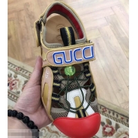 Latest Gucci Leather and Mesh Reflective Fabric Sandals 95726 Beige/Red 2019