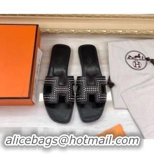 Famous Brand Hermes H Studs Design Slipper H91026 Black