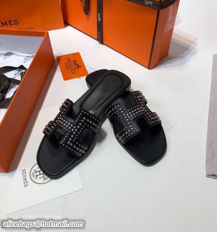 Famous Brand Hermes H Studs Design Slipper H91026 Black