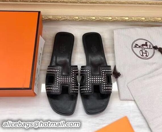 Famous Brand Hermes H Studs Design Slipper H91026 Black