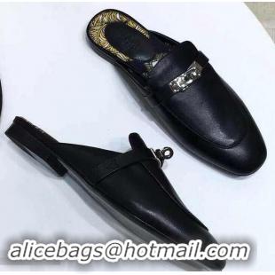 ​Hot Sale Hermes Calfskin Oz Mules With Palladium-Plated Kelly Buckle H922607 Black