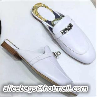 Discount Hermes Calfskin Oz Mules With Palladium-Plated Kelly Buckle H922607 White