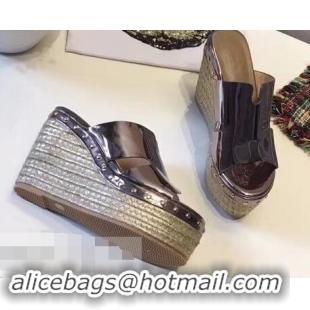 Faux Hermes Patent Leather Platform 4cm Wedge Heel 11cm Studded Espadrille Sandals H93201 Silver Gray