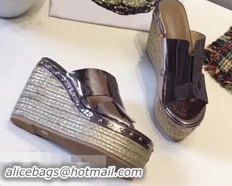 Faux Hermes Patent Leather Platform 4cm Wedge Heel 11cm Studded Espadrille Sandals H93201 Silver Gray