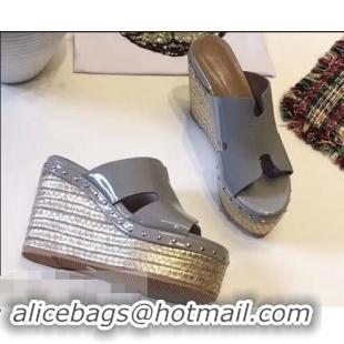 Knockoffs Hermes Patent Leather Platform 4cm Wedge Heel 11cm Studded Espadrille Sandals H93201 Gray