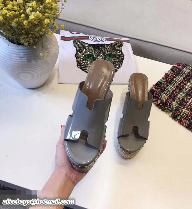 Knockoffs Hermes Patent Leather Platform 4cm Wedge Heel 11cm Studded Espadrille Sandals H93201 Gray