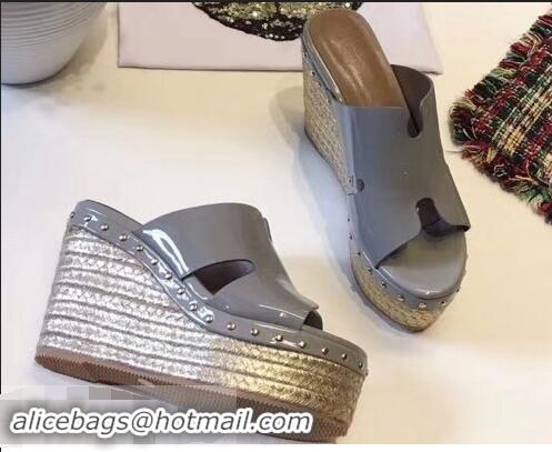 Knockoffs Hermes Patent Leather Platform 4cm Wedge Heel 11cm Studded Espadrille Sandals H93201 Gray