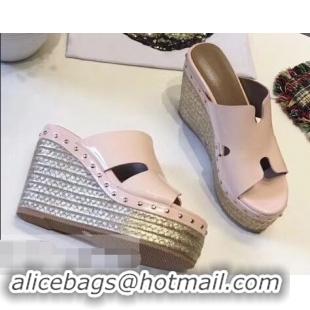 Best Price Hermes Patent Leather Platform 4cm Wedge Heel 11cm Studded Espadrille Sandals H93201 Beige