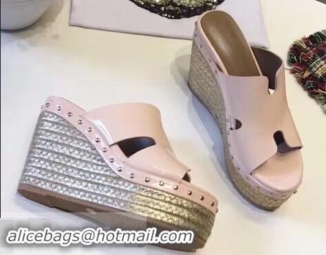 Best Price Hermes Patent Leather Platform 4cm Wedge Heel 11cm Studded Espadrille Sandals H93201 Beige