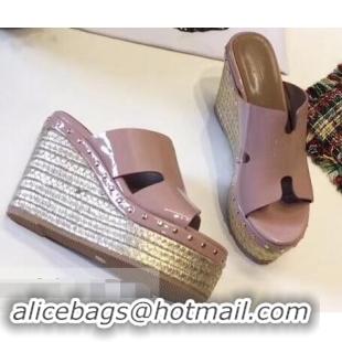 Discount Hermes Patent Leather Platform 4cm Wedge Heel 11cm Studded Espadrille Sandals H93201 Nude Pink