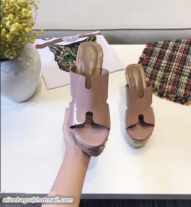 Discount Hermes Patent Leather Platform 4cm Wedge Heel 11cm Studded Espadrille Sandals H93201 Nude Pink