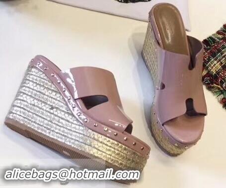 Discount Hermes Patent Leather Platform 4cm Wedge Heel 11cm Studded Espadrille Sandals H93201 Nude Pink