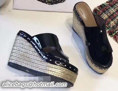 Most Popular Hermes Patent Leather Platform 4cm Wedge Heel 11cm Studded Espadrille Sandals H93201 Black