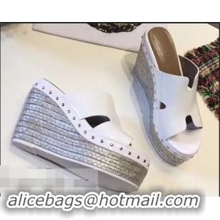 Fashion Hermes Patent Leather Platform 4cm Wedge Heel 11cm Studded Espadrille Sandals H93201 White