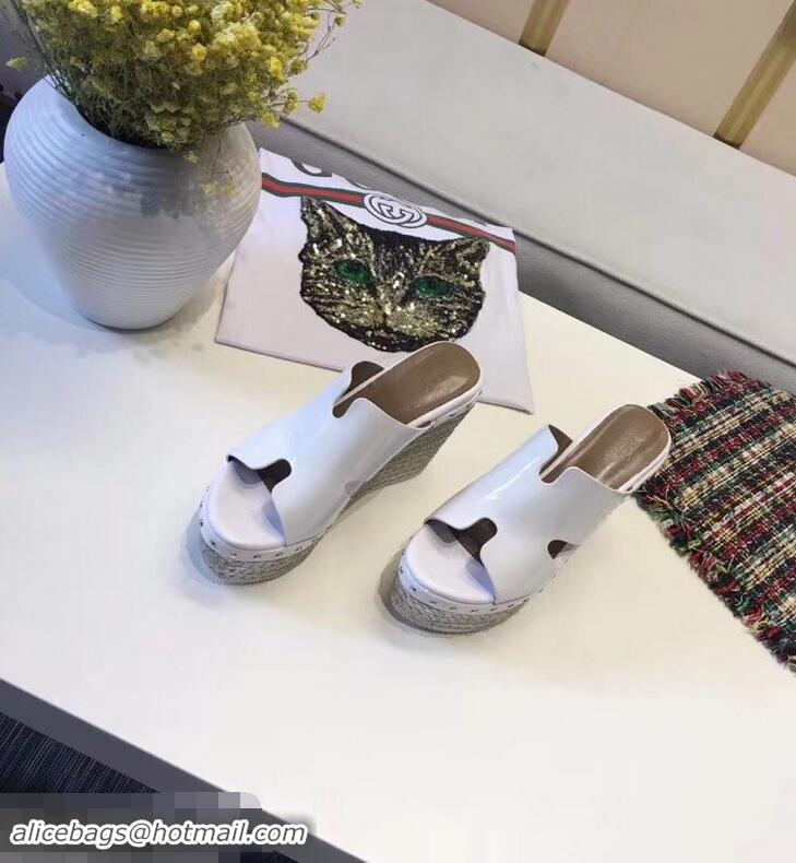 Fashion Hermes Patent Leather Platform 4cm Wedge Heel 11cm Studded Espadrille Sandals H93201 White