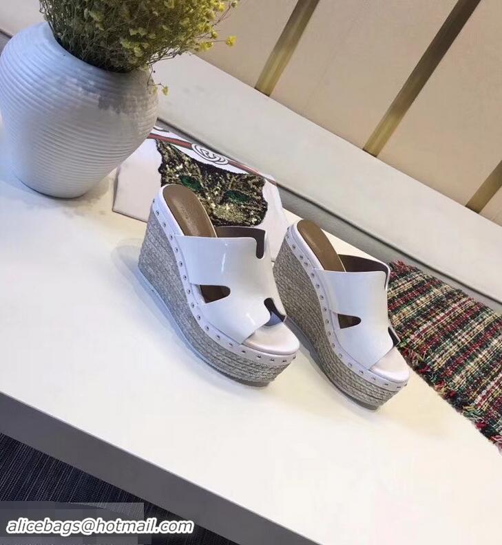 Fashion Hermes Patent Leather Platform 4cm Wedge Heel 11cm Studded Espadrille Sandals H93201 White