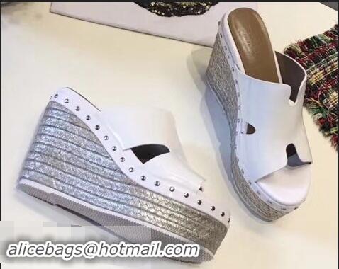 Fashion Hermes Patent Leather Platform 4cm Wedge Heel 11cm Studded Espadrille Sandals H93201 White