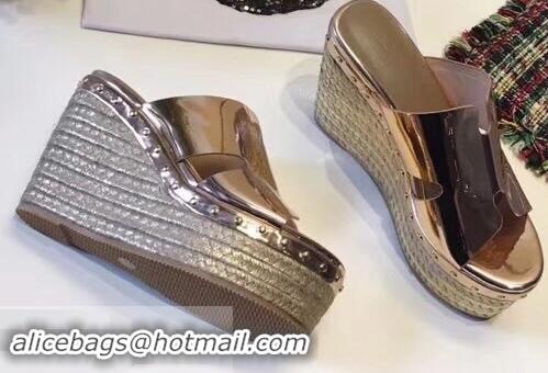 Low Price Hermes Patent Leather Platform 4cm Wedge Heel 11cm Studded Espadrille Sandals H93201 Gold