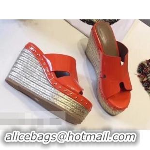 Cheap Hermes Patent Leather Platform 4cm Wedge Heel 11cm Studded Espadrille Sandals H93201 Orange