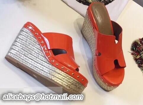 Cheap Hermes Patent Leather Platform 4cm Wedge Heel 11cm Studded Espadrille Sandals H93201 Orange