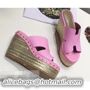 New Design Hermes Patent Leather Platform 4cm Wedge Heel 11cm Studded Espadrille Sandals H93201 Pink