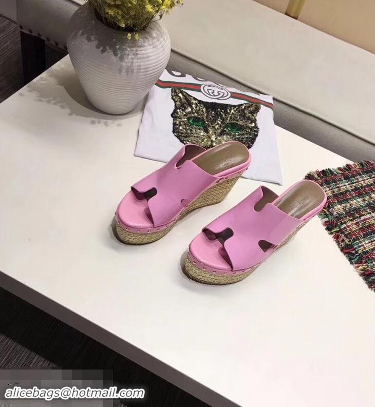 New Design Hermes Patent Leather Platform 4cm Wedge Heel 11cm Studded Espadrille Sandals H93201 Pink