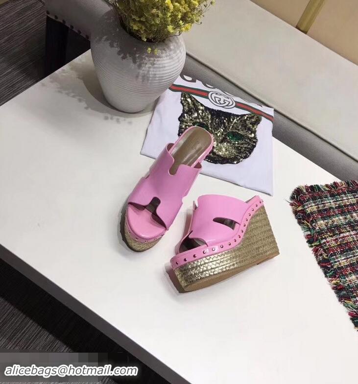 New Design Hermes Patent Leather Platform 4cm Wedge Heel 11cm Studded Espadrille Sandals H93201 Pink