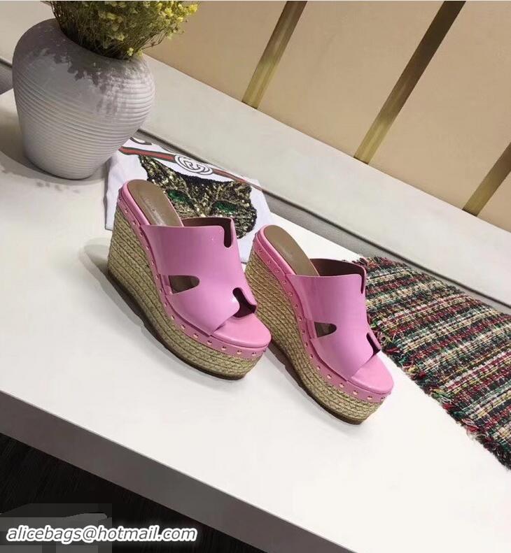 New Design Hermes Patent Leather Platform 4cm Wedge Heel 11cm Studded Espadrille Sandals H93201 Pink