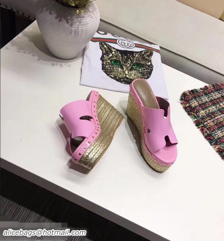 New Design Hermes Patent Leather Platform 4cm Wedge Heel 11cm Studded Espadrille Sandals H93201 Pink