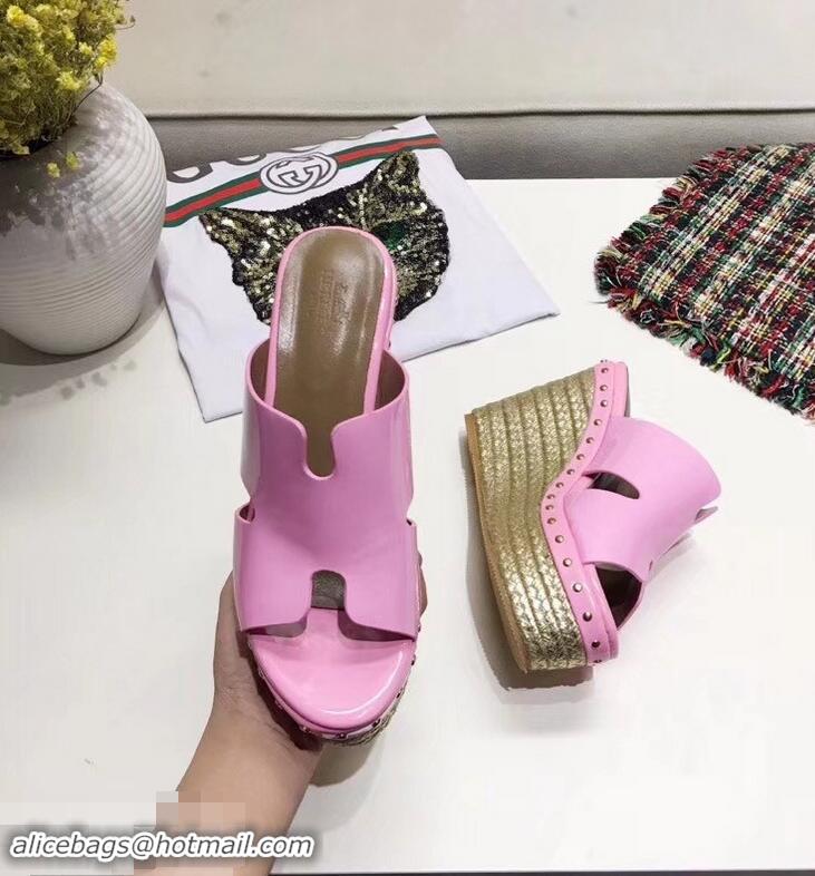 New Design Hermes Patent Leather Platform 4cm Wedge Heel 11cm Studded Espadrille Sandals H93201 Pink