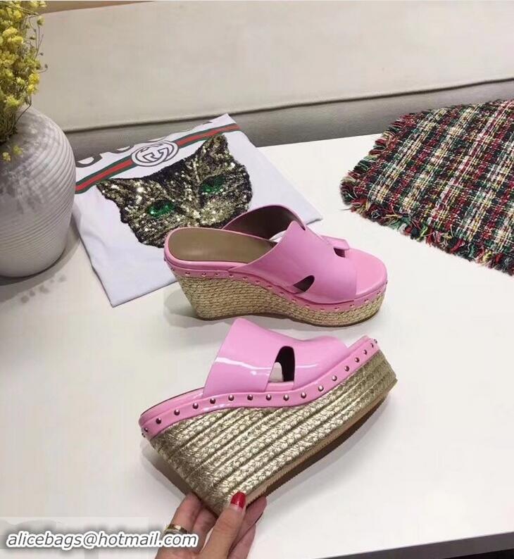 New Design Hermes Patent Leather Platform 4cm Wedge Heel 11cm Studded Espadrille Sandals H93201 Pink