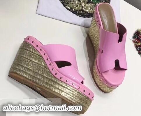 New Design Hermes Patent Leather Platform 4cm Wedge Heel 11cm Studded Espadrille Sandals H93201 Pink