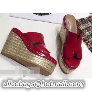 Low Cost Hermes Patent Leather Platform 4cm Wedge Heel 11cm Studded Espadrille Sandals H93201 Red