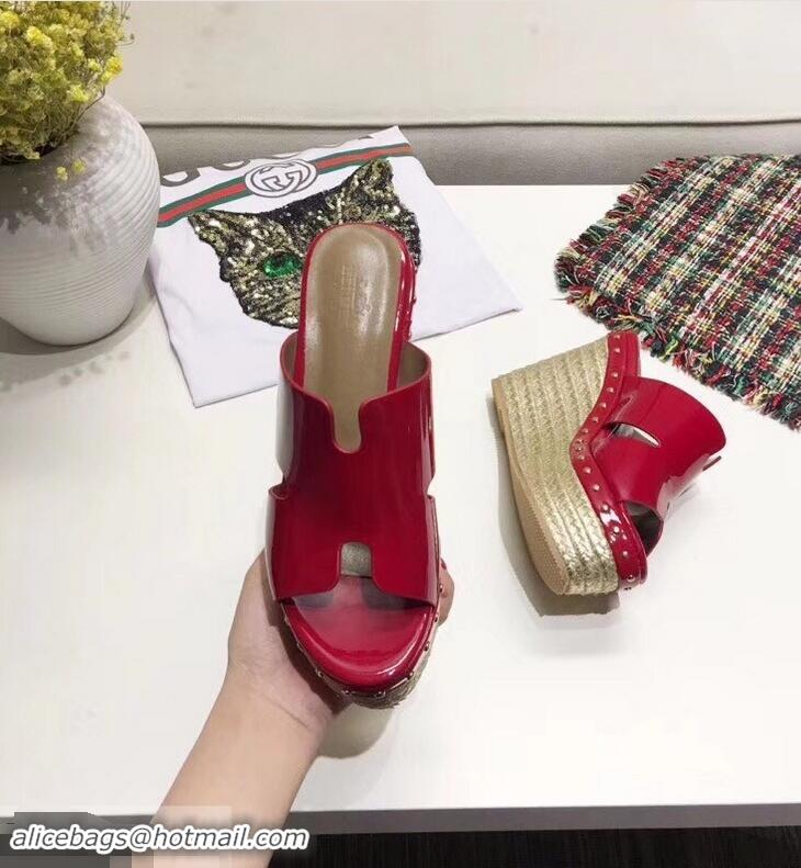 Low Cost Hermes Patent Leather Platform 4cm Wedge Heel 11cm Studded Espadrille Sandals H93201 Red