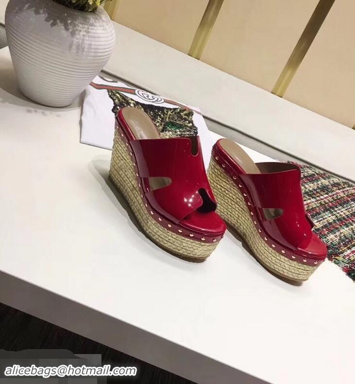 Low Cost Hermes Patent Leather Platform 4cm Wedge Heel 11cm Studded Espadrille Sandals H93201 Red