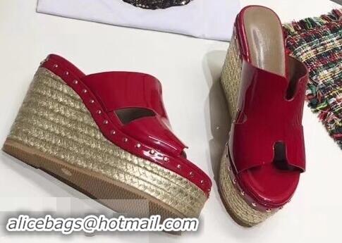 Low Cost Hermes Patent Leather Platform 4cm Wedge Heel 11cm Studded Espadrille Sandals H93201 Red