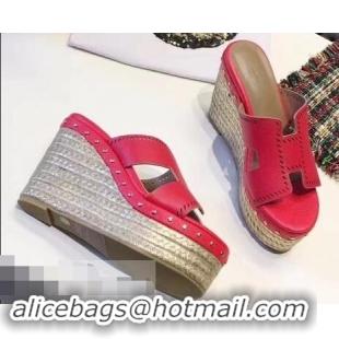 Inexpensive Hermes Epsom Leather Platform 4cm Wedge Heel 11cm Studded Espadrille Sandals H93211 Fuchsia