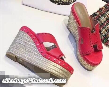 Inexpensive Hermes Epsom Leather Platform 4cm Wedge Heel 11cm Studded Espadrille Sandals H93211 Fuchsia