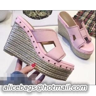 Discount Hermes Epsom Leather Platform 4cm Wedge Heel 11cm Studded Espadrille Sandals H93211 Pink