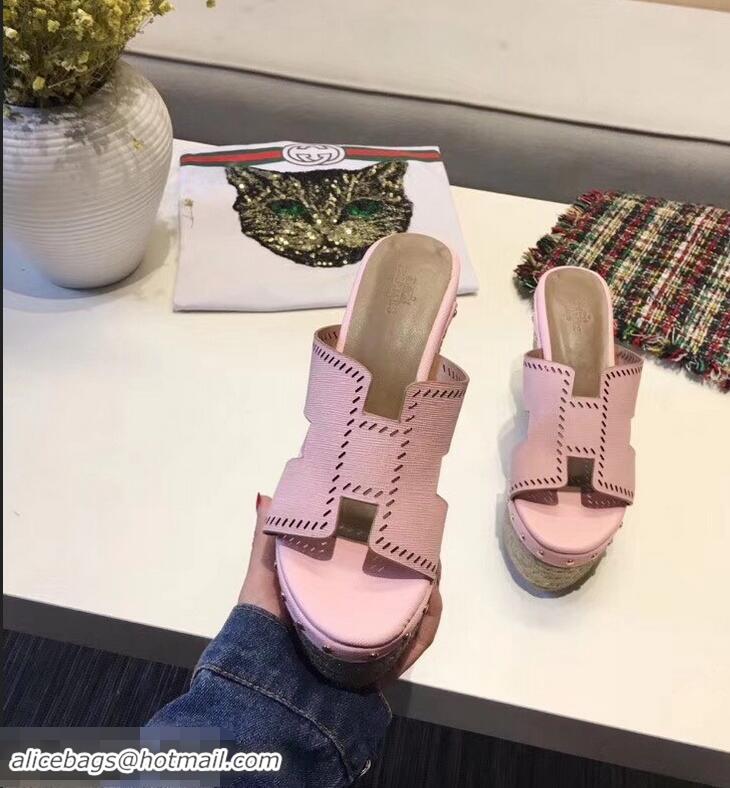 Discount Hermes Epsom Leather Platform 4cm Wedge Heel 11cm Studded Espadrille Sandals H93211 Pink