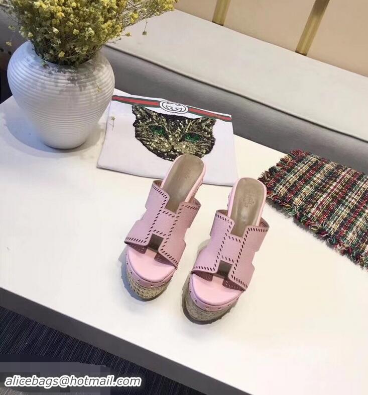 Discount Hermes Epsom Leather Platform 4cm Wedge Heel 11cm Studded Espadrille Sandals H93211 Pink