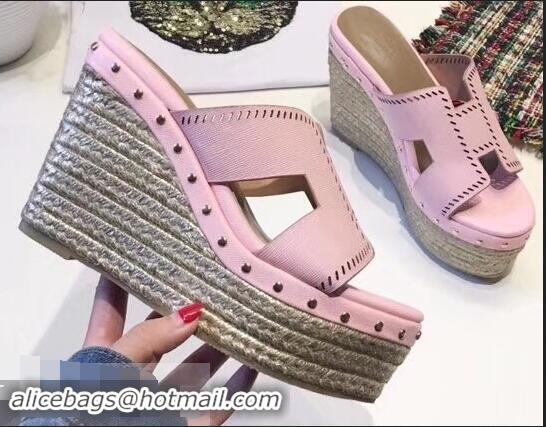 Discount Hermes Epsom Leather Platform 4cm Wedge Heel 11cm Studded Espadrille Sandals H93211 Pink