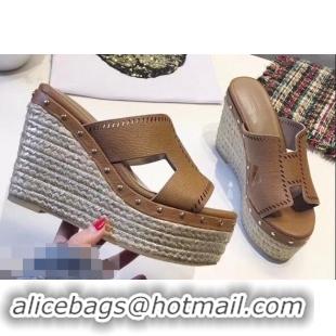 Promotional Hermes Epsom Leather Platform 4cm Wedge Heel 11cm Studded Espadrille Sandals H93211 Brown