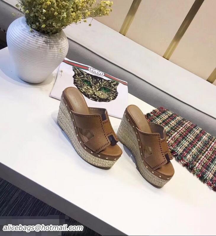 Promotional Hermes Epsom Leather Platform 4cm Wedge Heel 11cm Studded Espadrille Sandals H93211 Brown