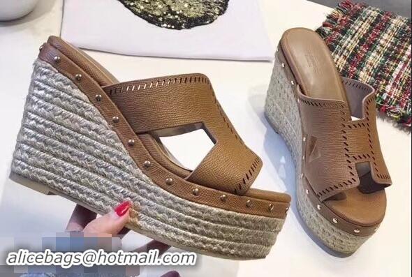 Promotional Hermes Epsom Leather Platform 4cm Wedge Heel 11cm Studded Espadrille Sandals H93211 Brown